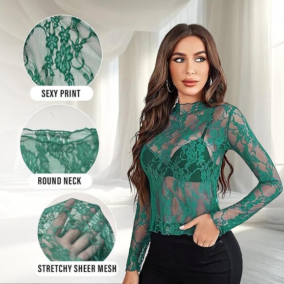 🆕Women Green Polyester Lace Long Sleeve Mesh Sheer Sexy See-Through Y2K Top - Picture 5 of 7